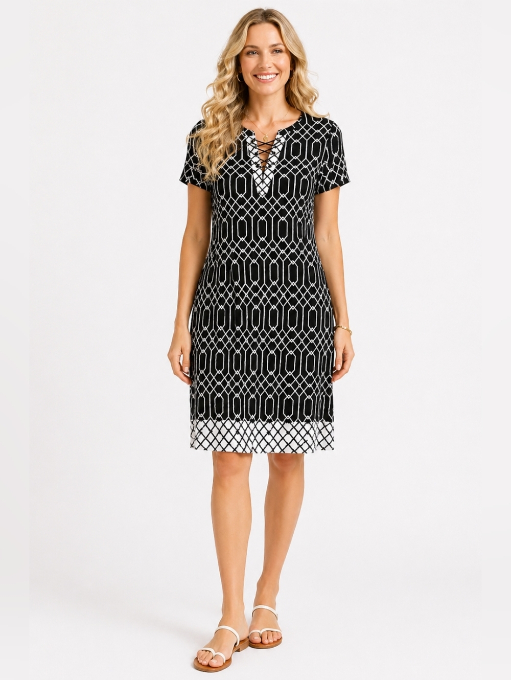 Chico's Black White Geometric Lace Up Shift Dress Short Sleeve Size S